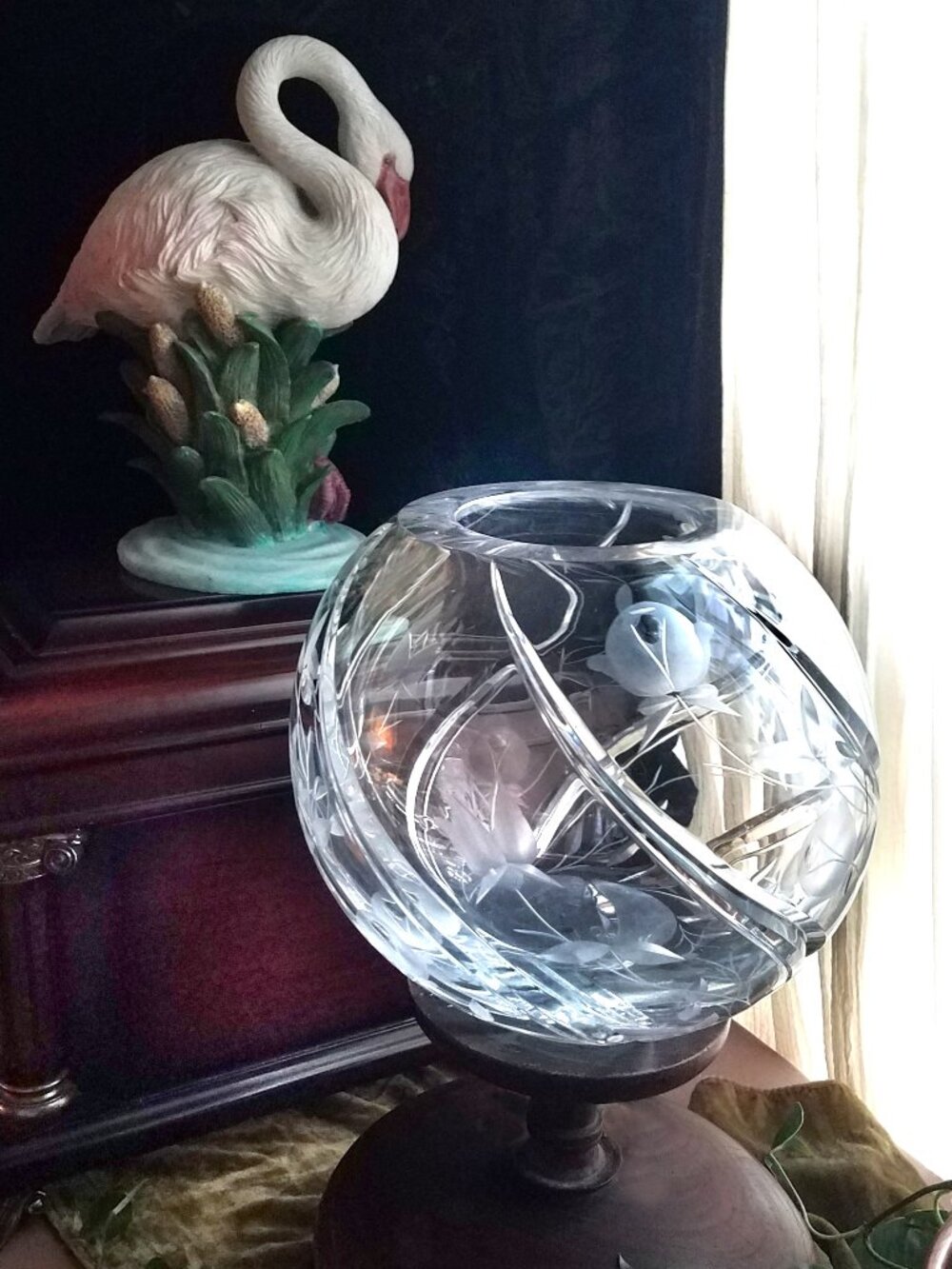 Vintage European 8" 24% Lead Crystal Rose Bowl, Etched Foliage, Deep Cut Swirls